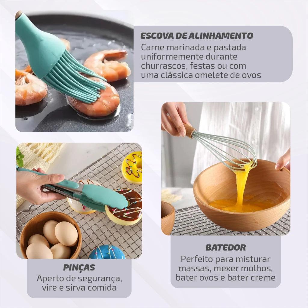 Kit de Utensílios com 12 Peças em Silicone e Cabo de Madeira + E-BOOK