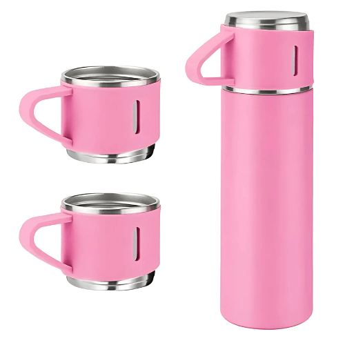 Kit 3 Xícaras com Garrafa Térmica a Vácuo em Aço Inox