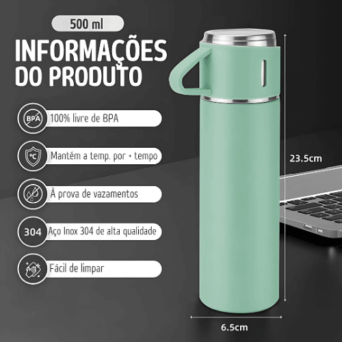 Kit 3 Xícaras com Garrafa Térmica a Vácuo em Aço Inox
