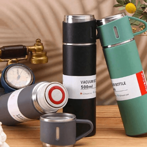 Kit 3 Xícaras com Garrafa Térmica a Vácuo em Aço Inox