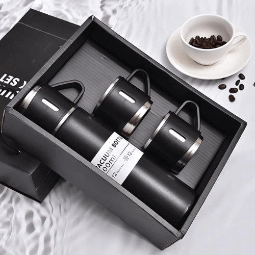 Kit 3 Xícaras com Garrafa Térmica a Vácuo em Aço Inox
