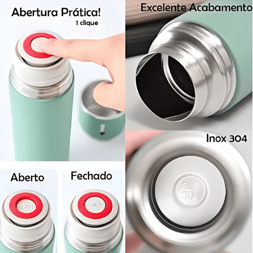 Kit 3 Xícaras com Garrafa Térmica a Vácuo em Aço Inox
