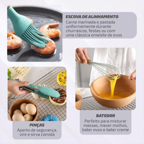 Kit de Utensílios com 12 Peças em Silicone e Cabo de Madeira + E-BOOK