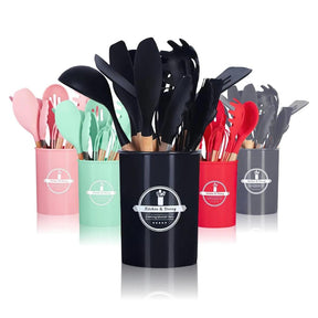 Kit de Utensílios com 12 Peças em Silicone e Cabo de Madeira + E-BOOK