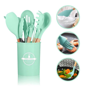 Kit de Utensílios com 12 Peças em Silicone e Cabo de Madeira + E-BOOK