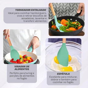 Kit de Utensílios com 12 Peças em Silicone e Cabo de Madeira + E-BOOK