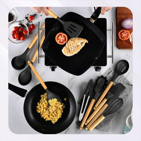 Kit de Utensílios com 12 Peças em Silicone e Cabo de Madeira + E-BOOK