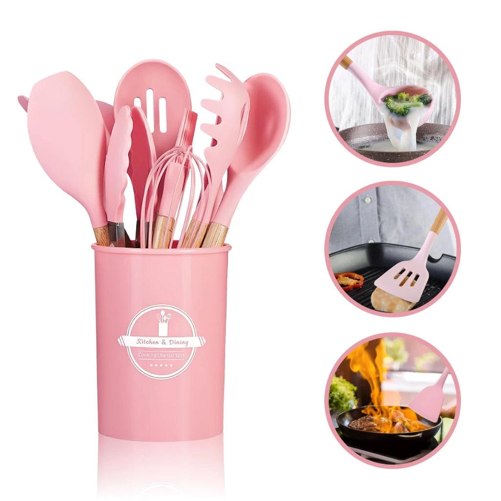 Kit de Utensílios com 12 Peças em Silicone e Cabo de Madeira + E-BOOK