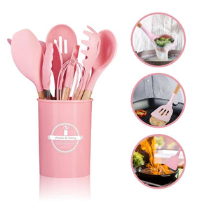 Kit de Utensílios com 12 Peças em Silicone e Cabo de Madeira + E-BOOK