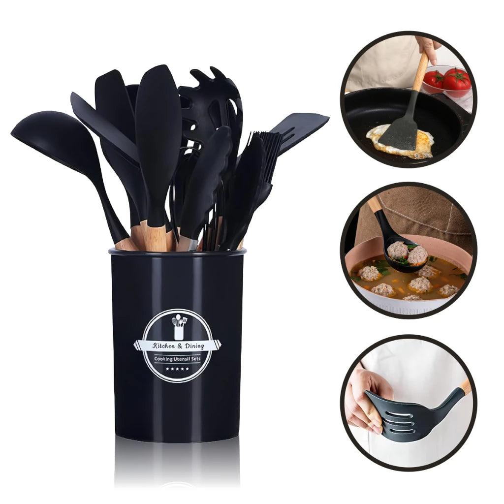 Kit de Utensílios com 12 Peças em Silicone e Cabo de Madeira + E-BOOK