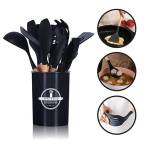 Kit de Utensílios com 12 Peças em Silicone e Cabo de Madeira + E-BOOK