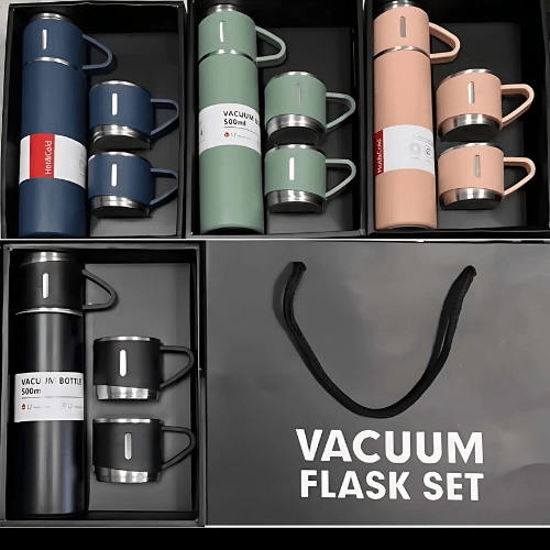 Kit 3 Xícaras com Garrafa Térmica a Vácuo em Aço Inox