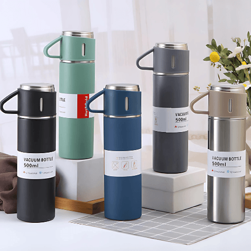 Kit 3 Xícaras com Garrafa Térmica a Vácuo em Aço Inox