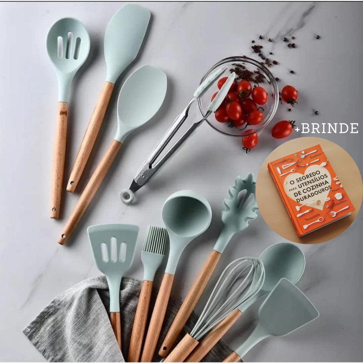 Kit de Utensílios com 12 Peças em Silicone e Cabo de Madeira + E-BOOK