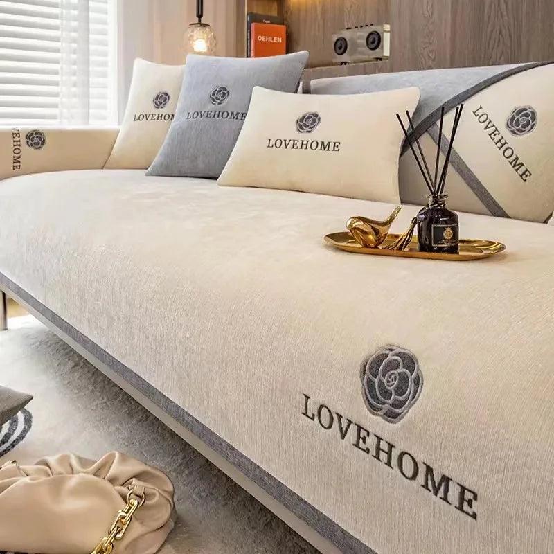 Capa de Sofá Luxuosa em Chenille Bordado, Moderna, Antiderrapante e Versátil.