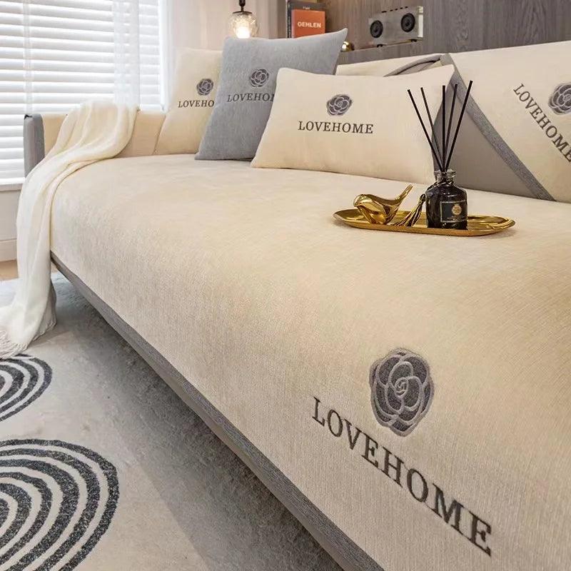 Capa de Sofá Luxuosa em Chenille Bordado, Moderna, Antiderrapante e Versátil.